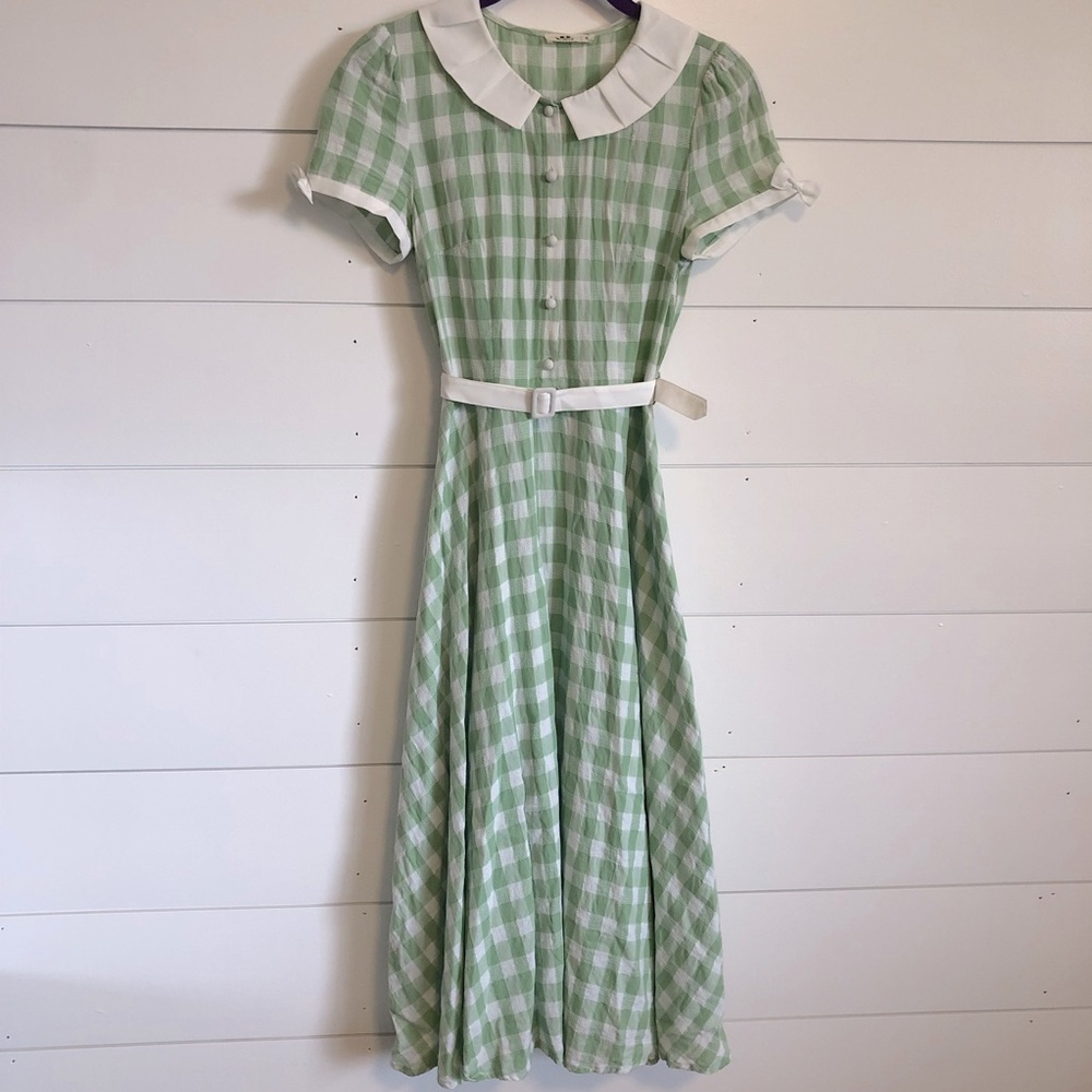 Peter Pan Collar Contrast Green Gingham Cottagecore Prairie Dress